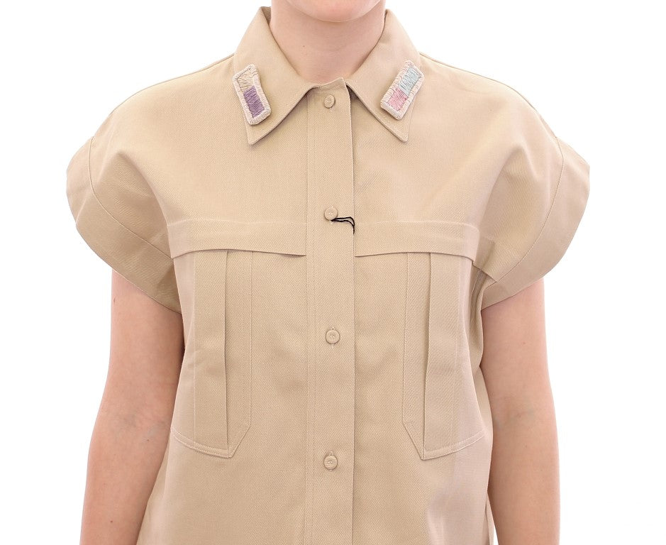  - Sleeveless Beige Cotton Tank Top with Brooches