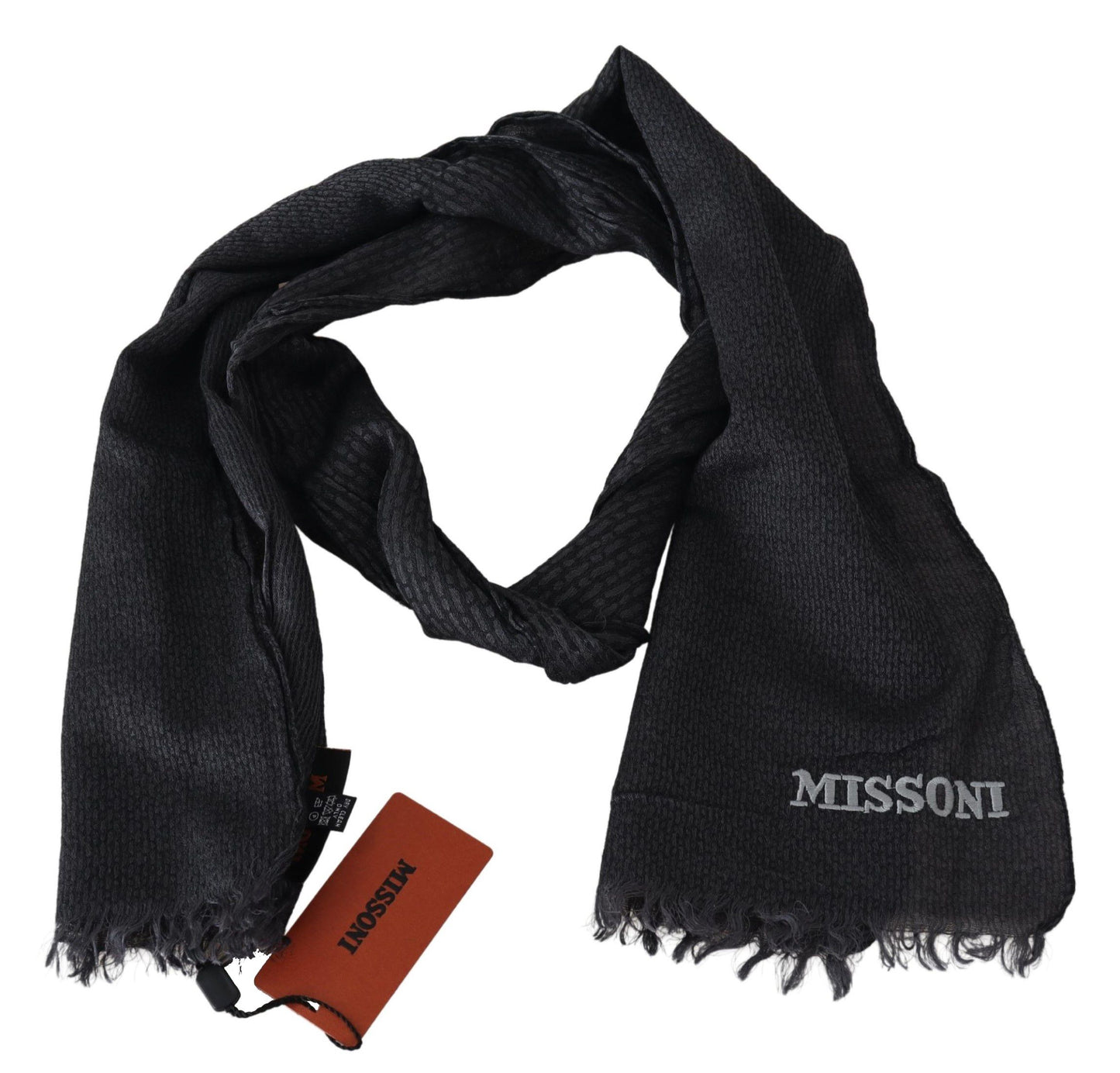  - Elegant Black Wool Fringed Scarf