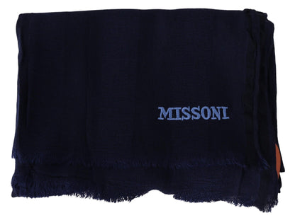  - Elegant Blue Wool Scarf with Embroidered Logo