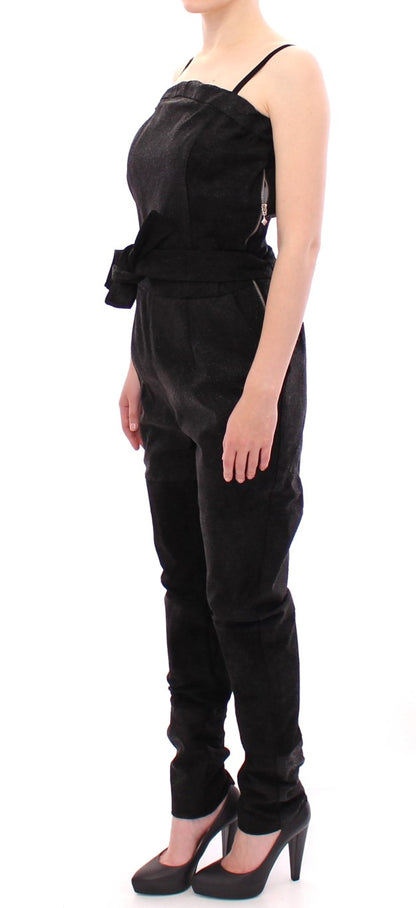  - Elegant Black Leather Jumpsuit with Waist Strap