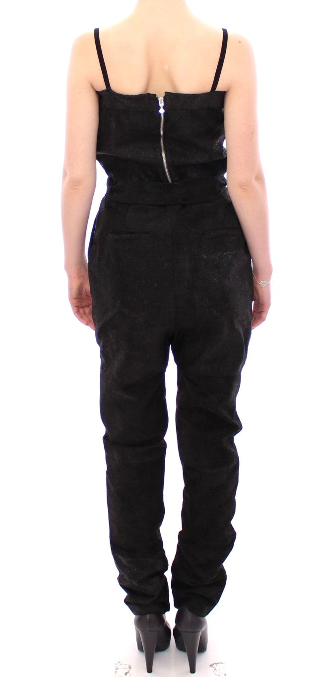  - Elegant Black Leather Jumpsuit with Waist Strap