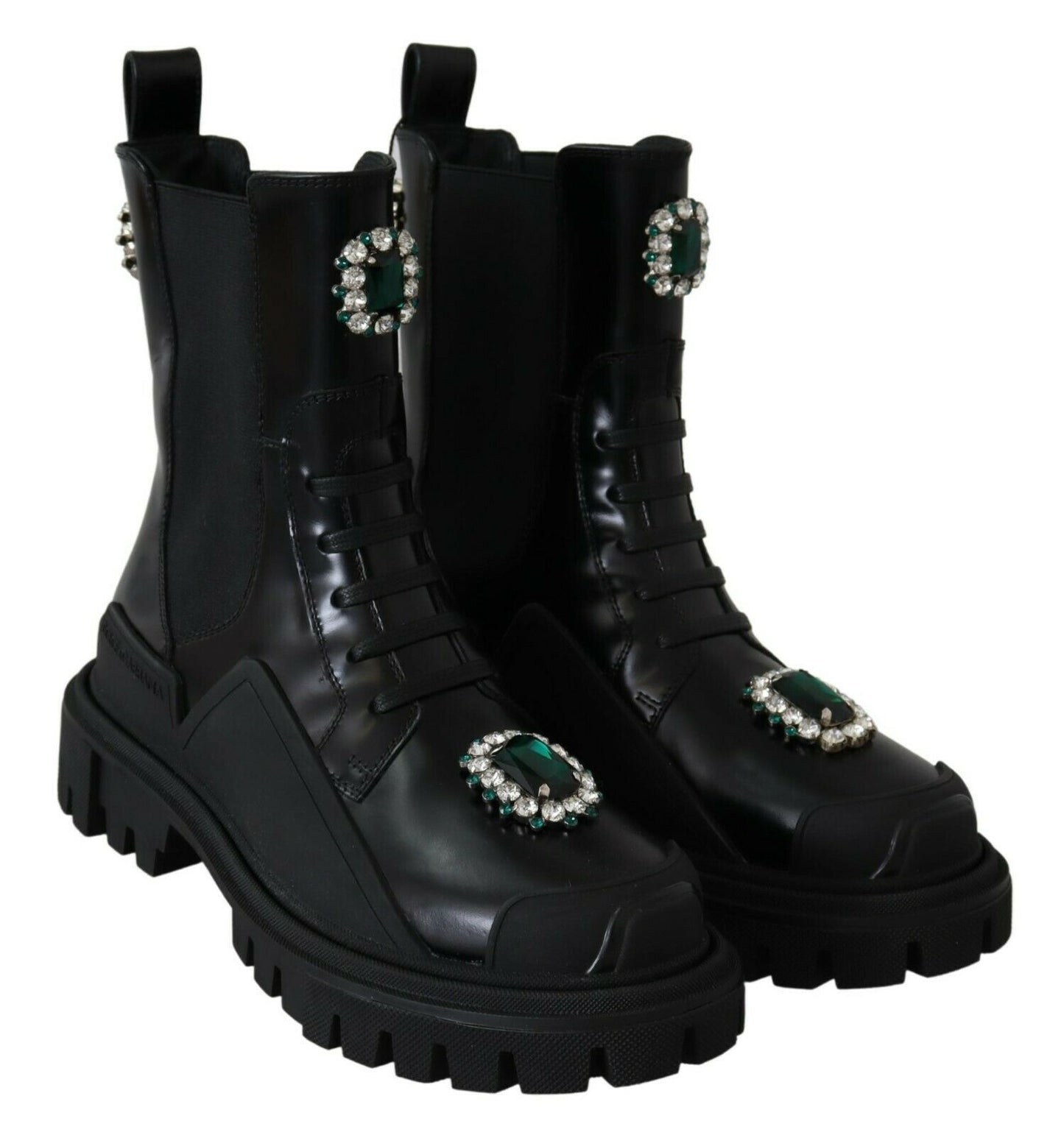  - Elegant Black Leather Combat Boots with Crystal Detail