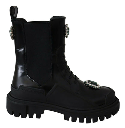  - Elegant Black Leather Combat Boots with Crystal Detail