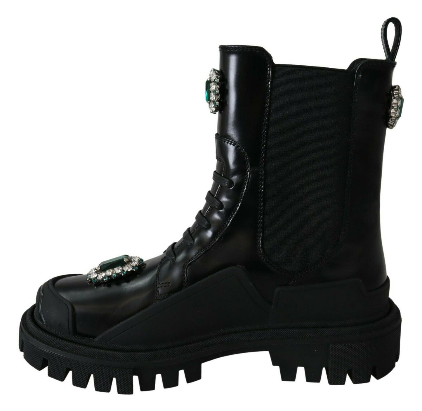  - Elegant Black Leather Combat Boots with Crystal Detail