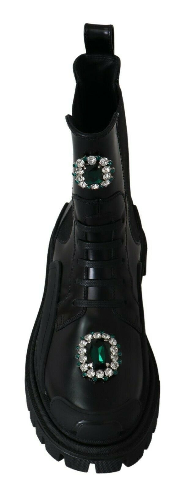  - Elegant Black Leather Combat Boots with Crystal Detail