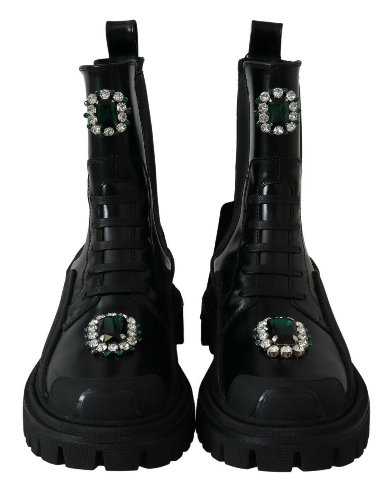  - Elegant Black Leather Combat Boots with Crystal Detail