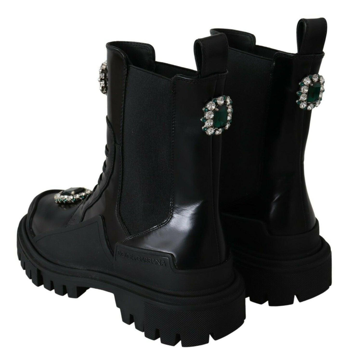  - Elegant Black Leather Combat Boots with Crystal Detail