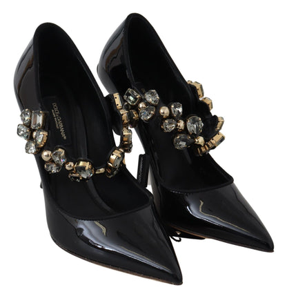  - Elegant Black Leather Crystal Pumps