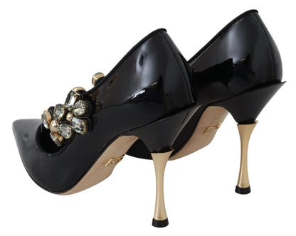  - Elegant Black Leather Crystal Pumps