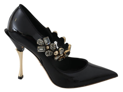  - Elegant Black Leather Crystal Pumps