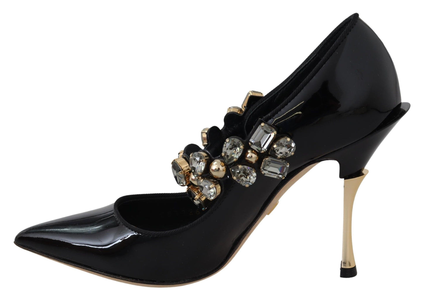  - Elegant Black Leather Crystal Pumps