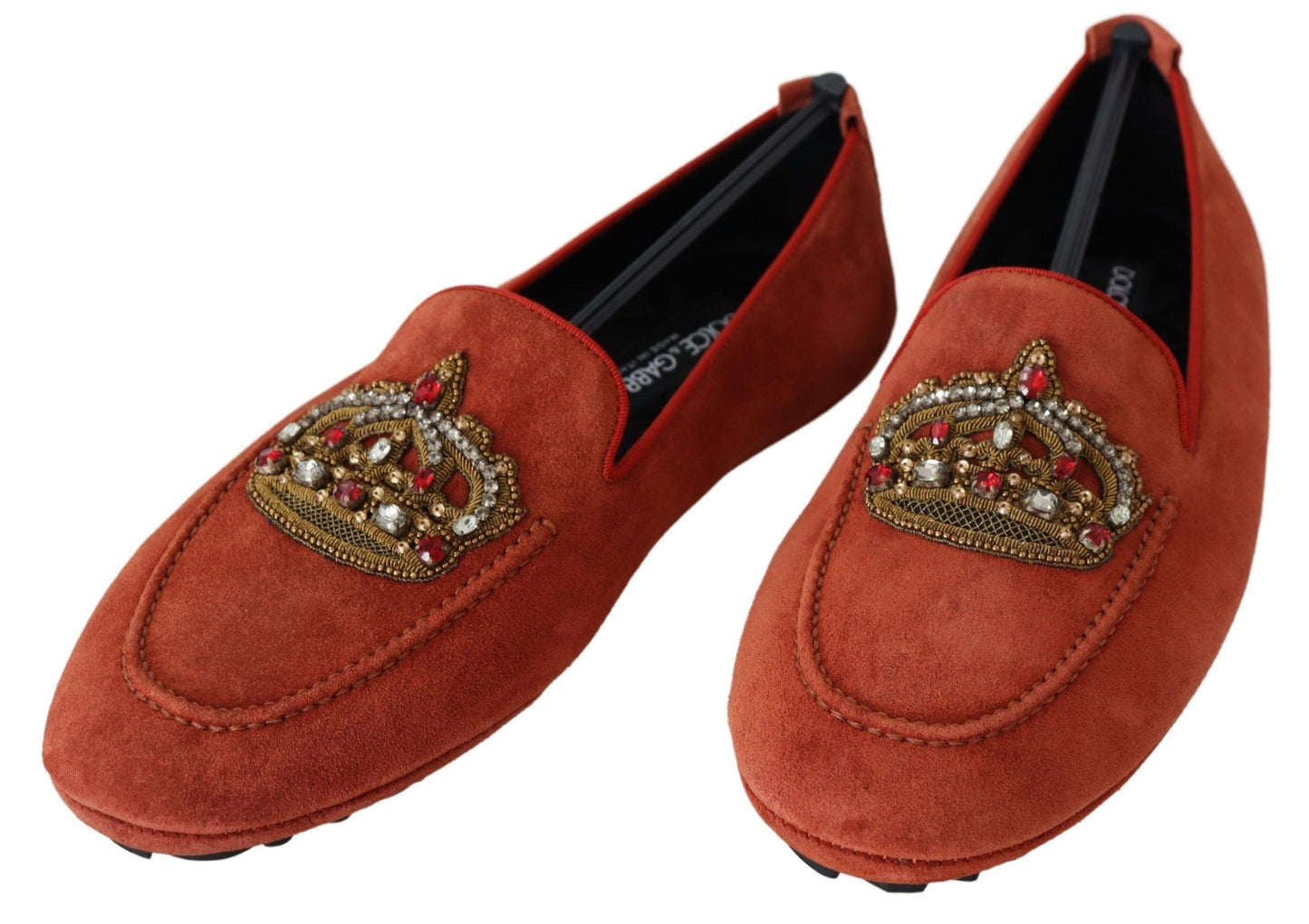  - Opulent Orange Leather Loafers with Gold Embroidery