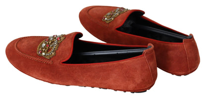  - Opulent Orange Leather Loafers with Gold Embroidery