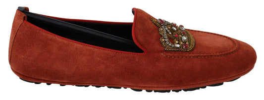  - Opulent Orange Leather Loafers with Gold Embroidery