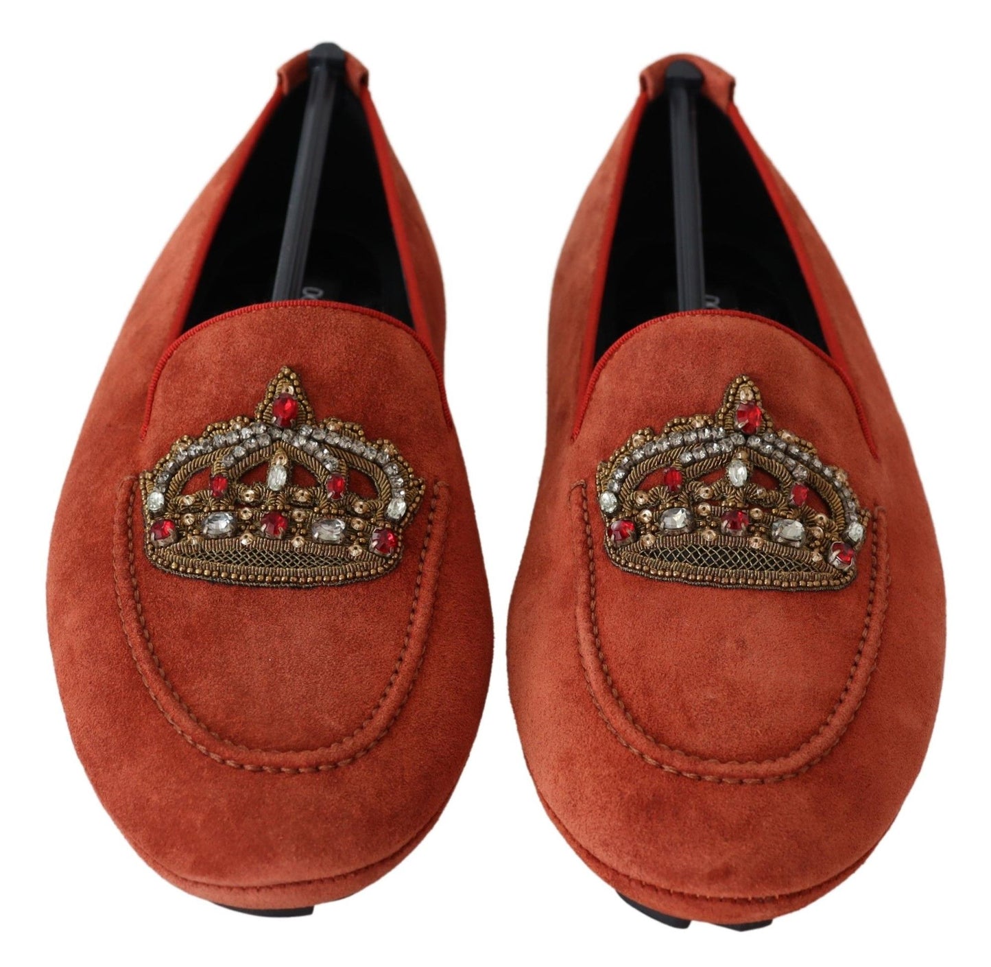  - Opulent Orange Leather Loafers with Gold Embroidery