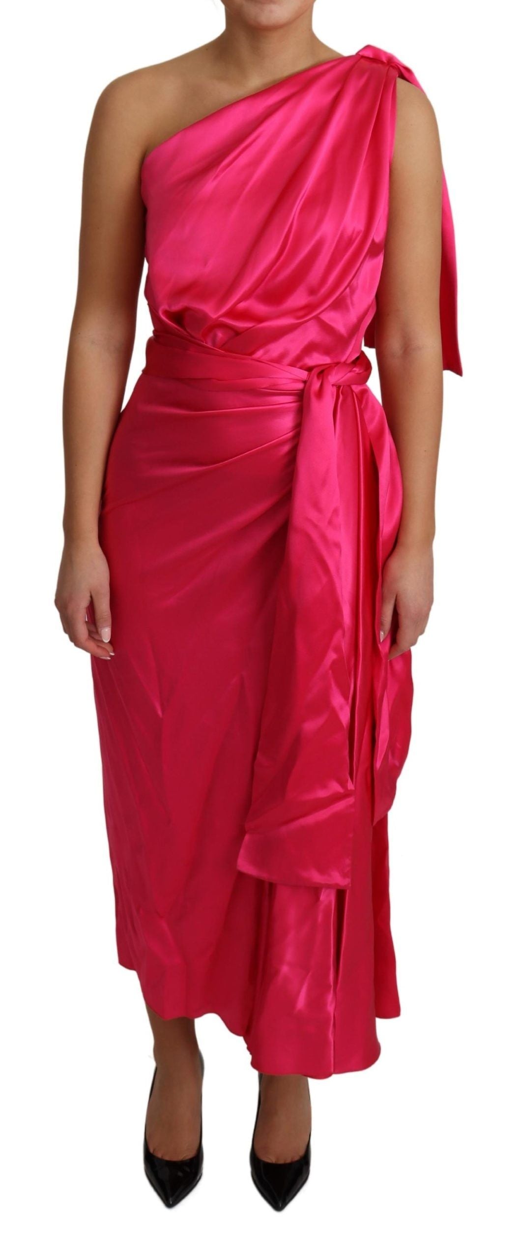  - Elegant Fuchsia Silk One-Shoulder Wrap Dress