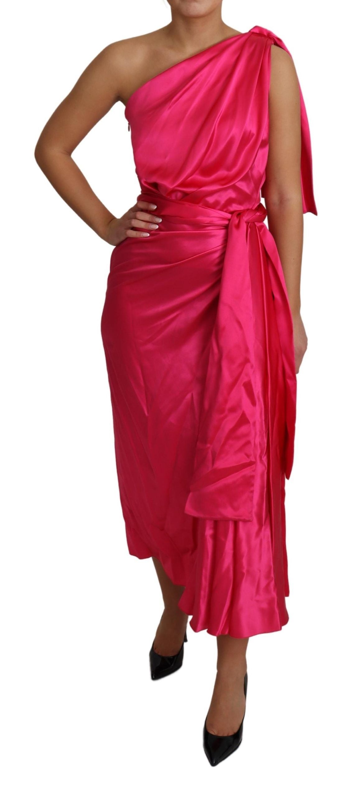  - Elegant Fuchsia Silk One-Shoulder Wrap Dress