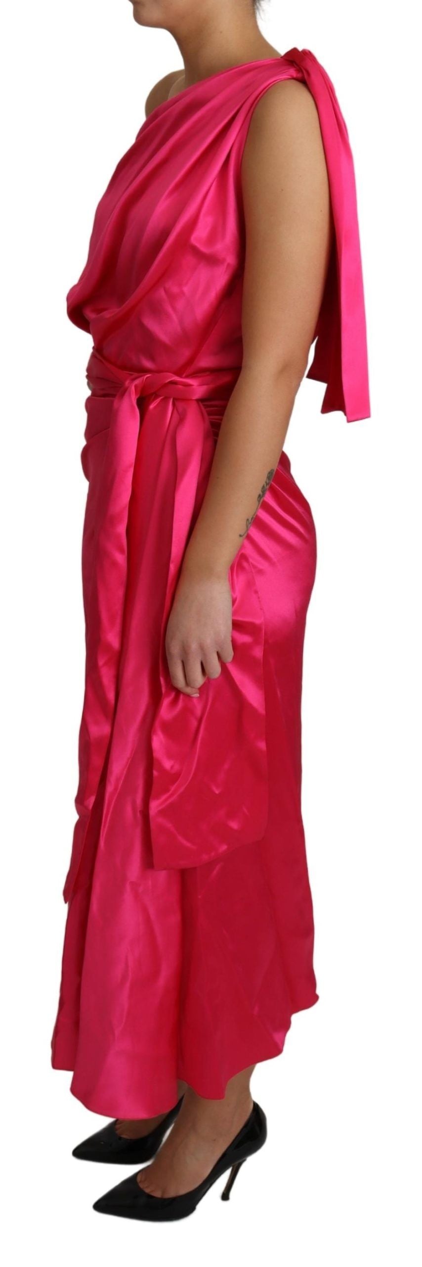  - Elegant Fuchsia Silk One-Shoulder Wrap Dress