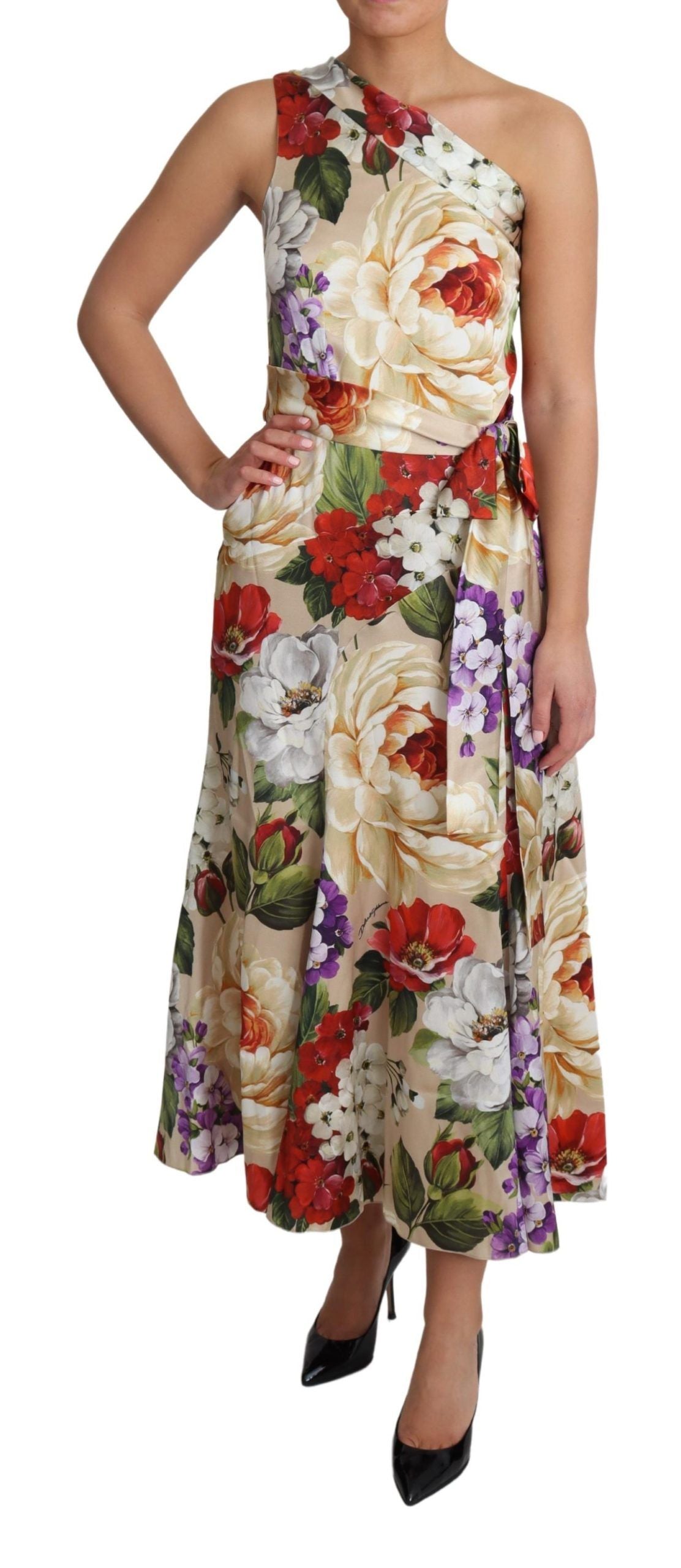  - Elegant One-Shoulder Floral Silk Maxi Dress