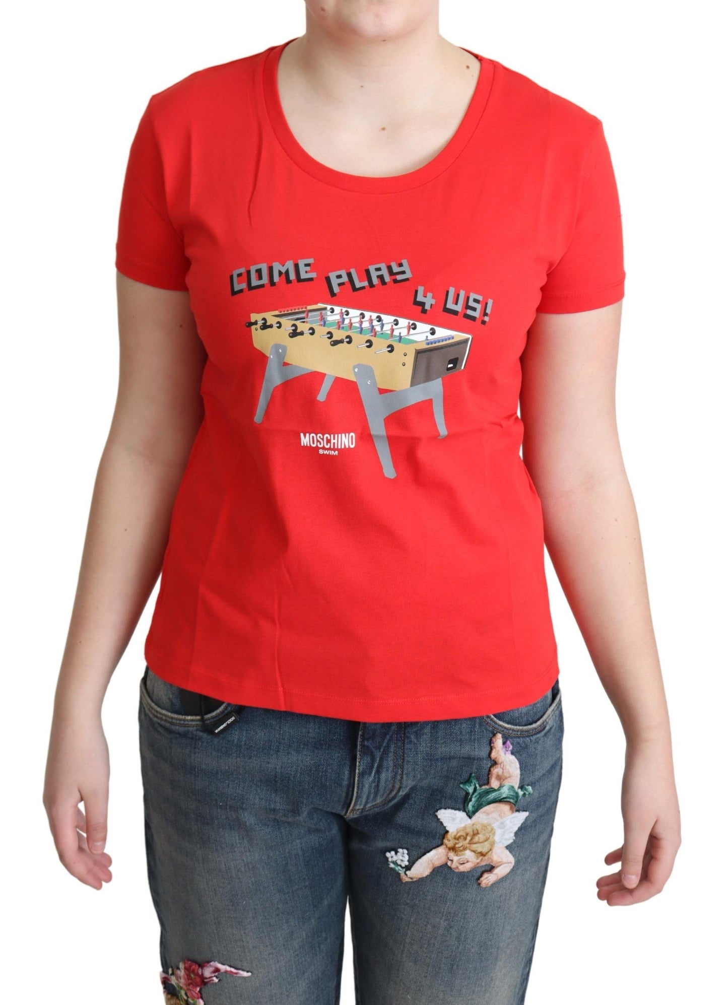  - Chic Red Cotton Tee with Playful Print