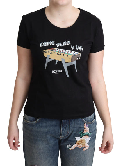  - Chic Black Cotton Tee with Playful Print