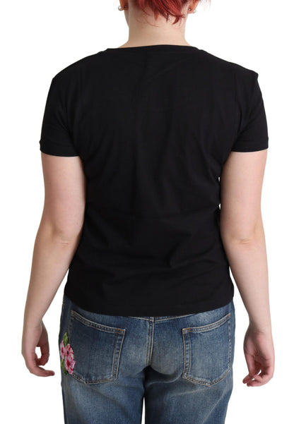  - Chic Black Cotton Tee with Playful Print