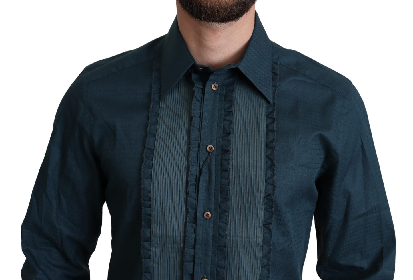  - Elegant Blue Ruffled Tuxedo Shirt