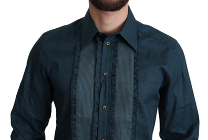  - Elegant Blue Ruffled Tuxedo Shirt