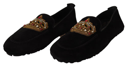  - Elegant Black Leather Loafer Slides with Gold Embroidery