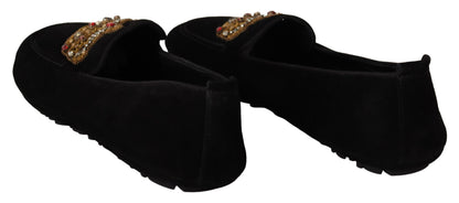  - Elegant Black Leather Loafer Slides with Gold Embroidery