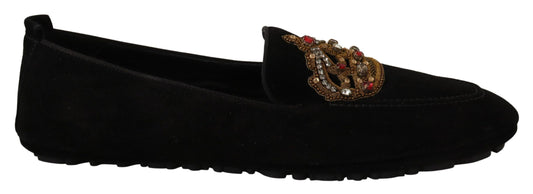  - Elegant Black Leather Loafer Slides with Gold Embroidery