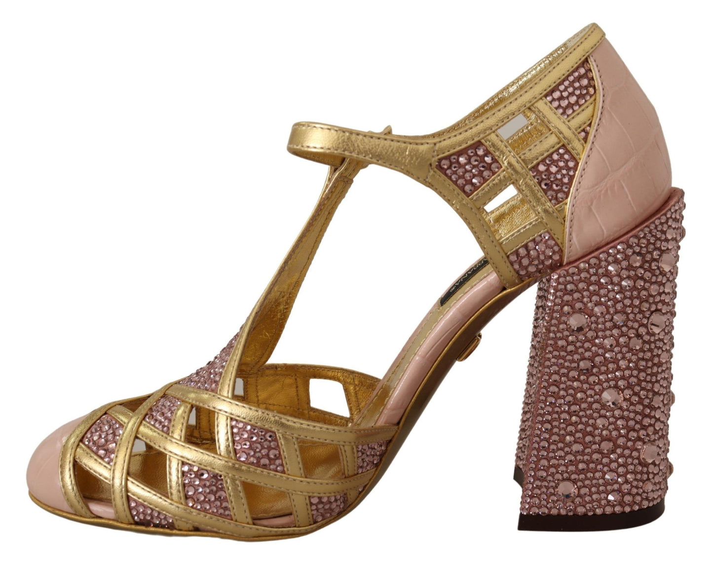 Silk-Infused Leather Crystal Pumps in Pink Gold