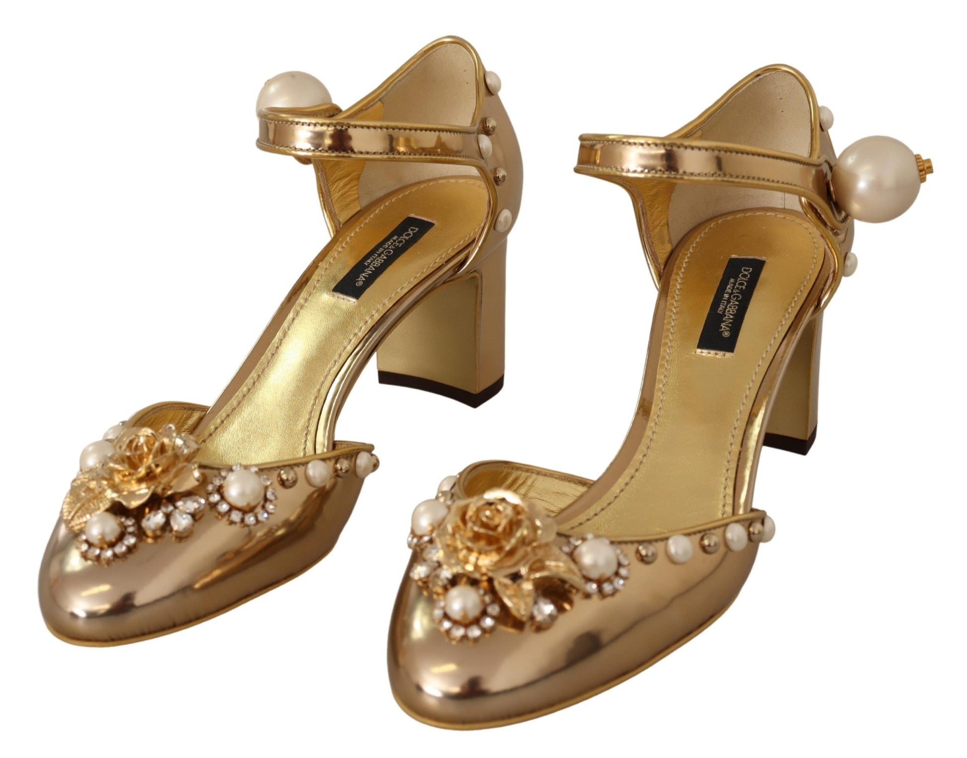 Elegant Gold Leather Block Heels with Crystals