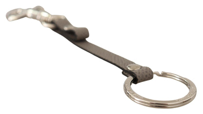  - Elegant Gray Leather Keyring with Silver Accents