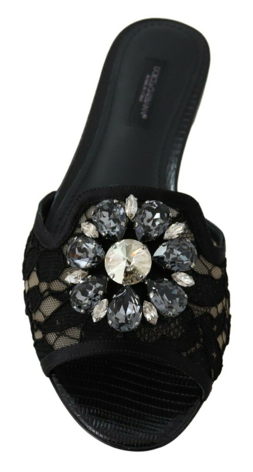 Elegant Black Lace Mules with Jewel Flower Detail - The Luxe Alliance