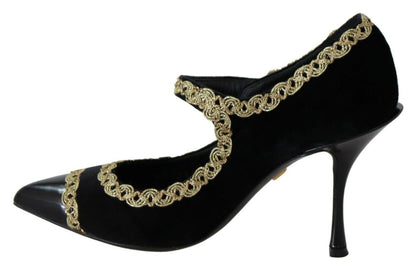  - Elegant Gold-Embroidered Black Velvet Pumps