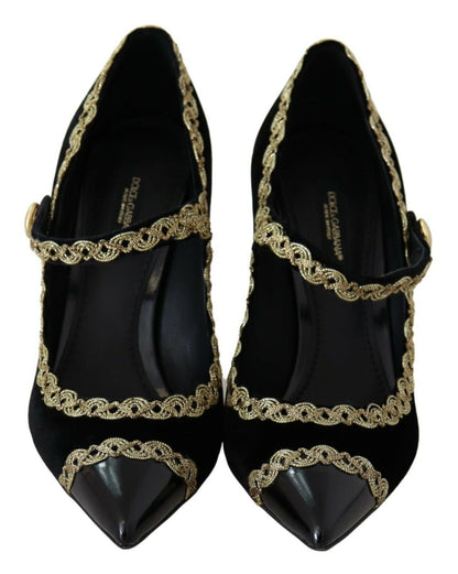  - Elegant Gold-Embroidered Black Velvet Pumps