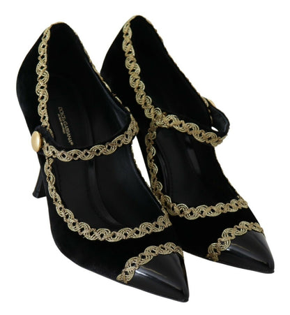  - Elegant Gold-Embroidered Black Velvet Pumps