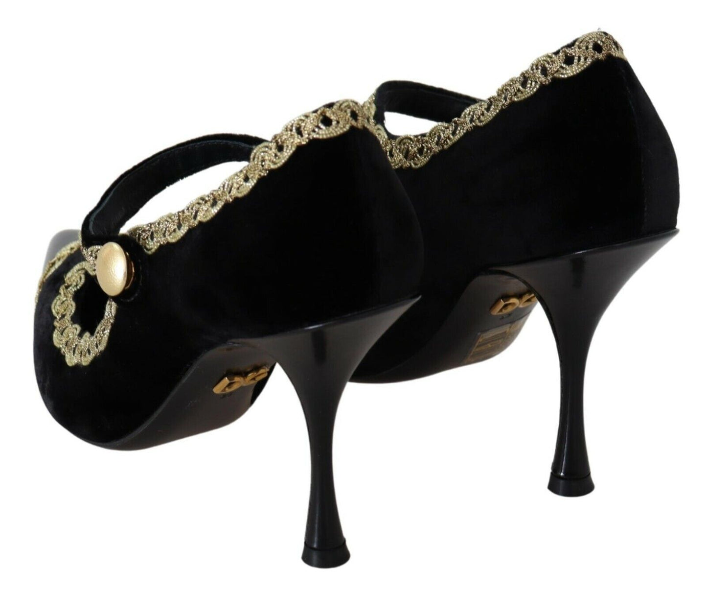  - Elegant Gold-Embroidered Black Velvet Pumps