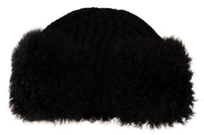  - Elegant Black Cashmere Alpaca Fur Beanie