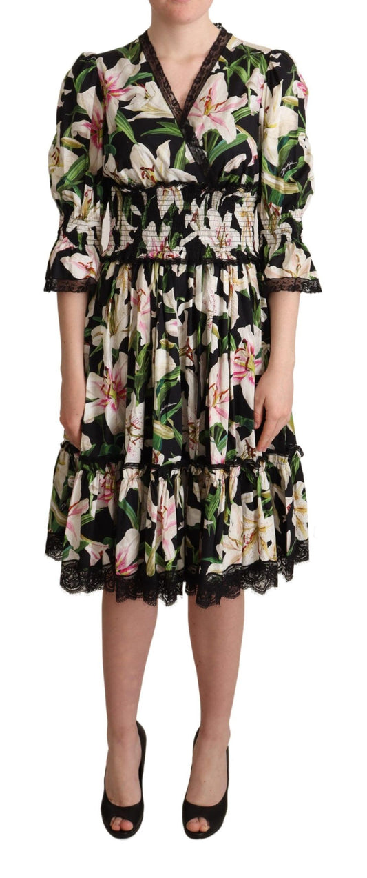  - Elegant Lily Print Midi Dress with Lace Trim