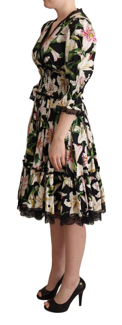  - Elegant Lily Print Midi Dress with Lace Trim