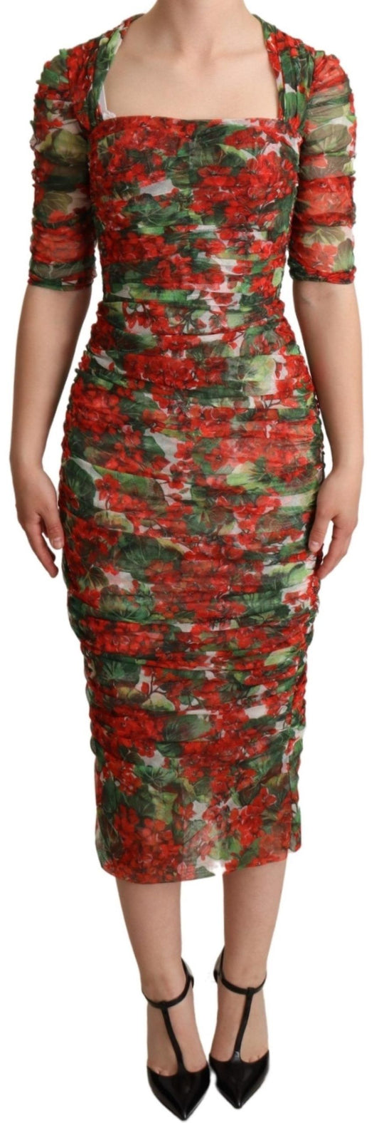  - Elegant Red Floral Midi Sheath Dress