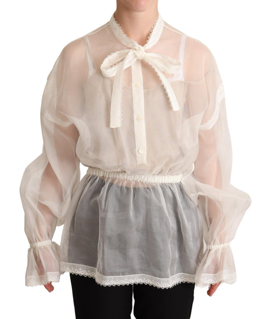  - Elegant White Silk-Cotton Ascot Blouse