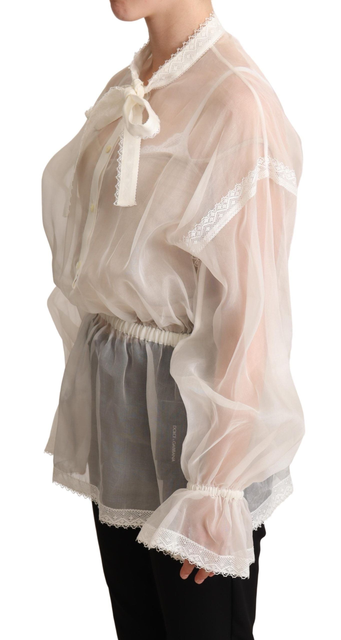  - Elegant White Silk-Cotton Ascot Blouse