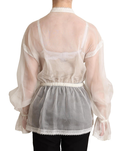  - Elegant White Silk-Cotton Ascot Blouse