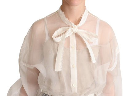  - Elegant White Silk-Cotton Ascot Blouse