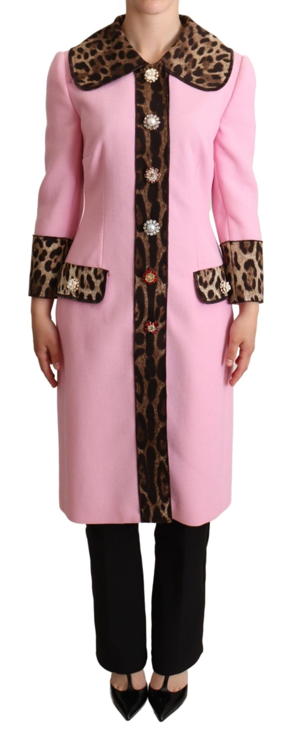  - Chic Pink Leopard Trench with Crystal Buttons