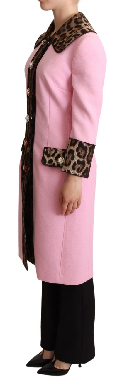  - Chic Pink Leopard Trench with Crystal Buttons