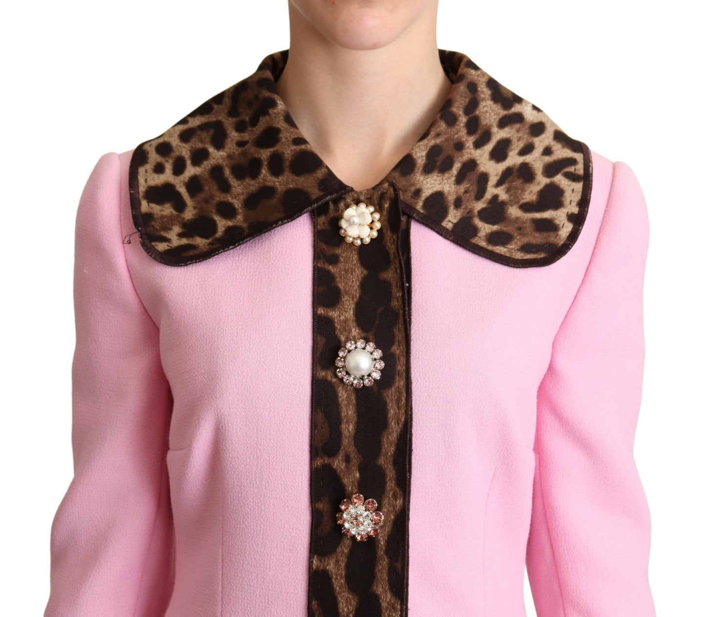  - Chic Pink Leopard Trench with Crystal Buttons